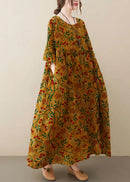 Natural light Yellow O-Neck Pockets Print Summer Sundress