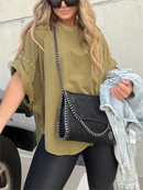 🔥Washed Roll Sleeve Studded Oversized Short Sleeve Top (Buy 2 Free Shipping)