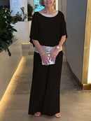 NEW🔥 Women's Round Neck Sequins Color Clash Bat Shirt Wide Leg Pants Set