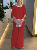 NEW🔥 Women's Round Neck Sequins Color Clash Bat Shirt Wide Leg Pants Set