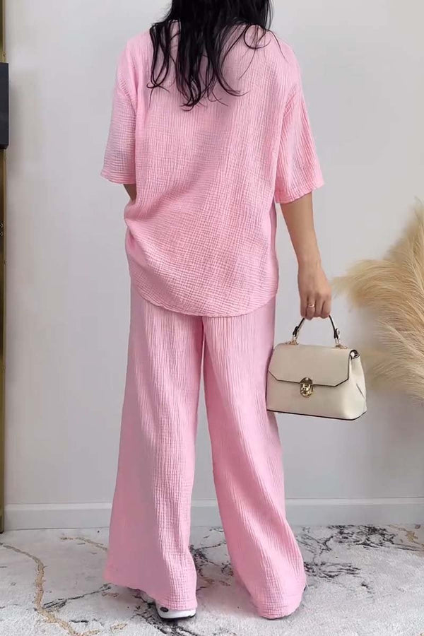 Women's casual V-neck short-sleeved solid color two-piece set