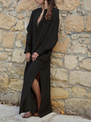 Women's Solid Color Deep V Neck Split Beach Holiday Cotton Linen Dress