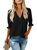 Women's Solid Casual V Neck Puff Sleeve Shirts (Buy 2 Free Shipping)