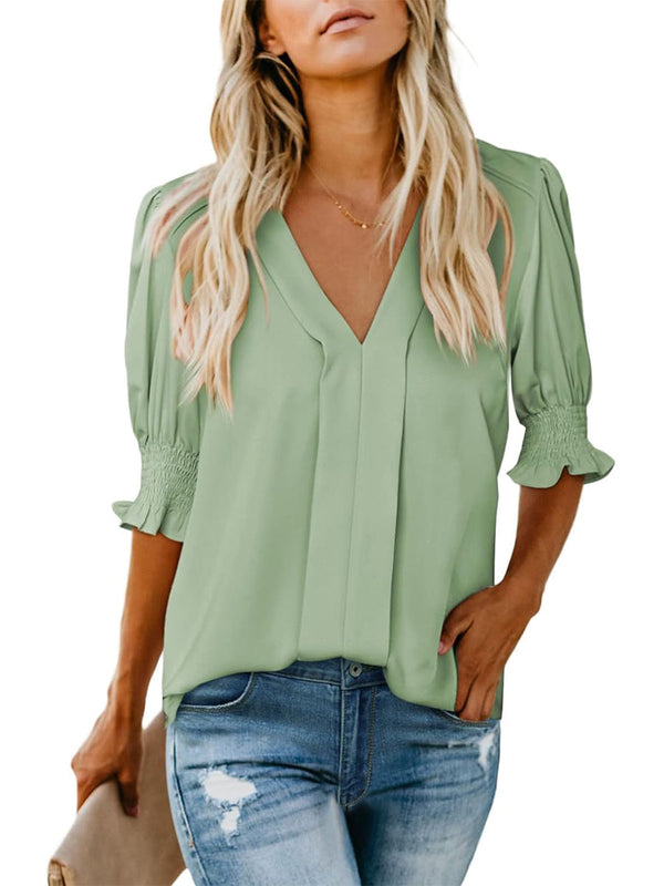 Women's Solid Casual V Neck Puff Sleeve Shirts (Buy 2 Free Shipping)