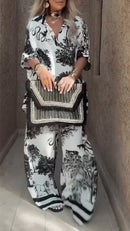 Women's V-neck Top + Printed Trousers Casual Suit