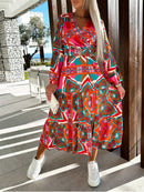 Fashionable long-sleeved V-neck maxi dress