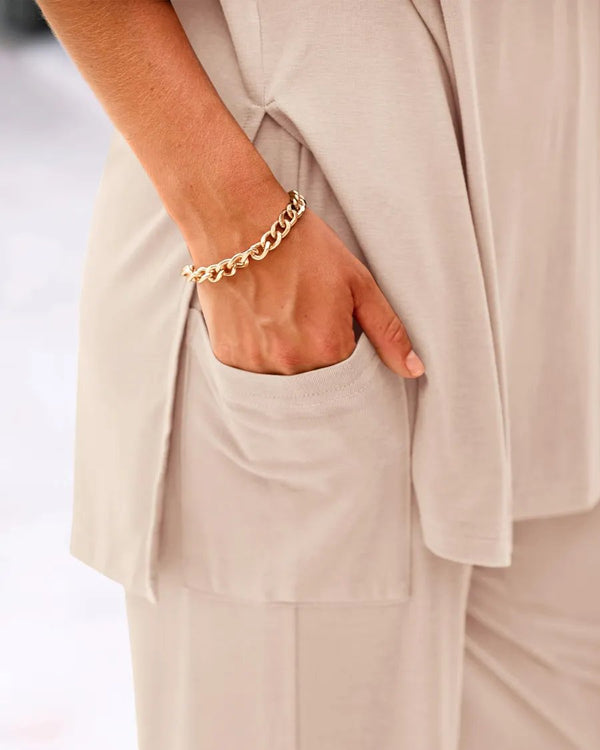 Casual 2-Piece Loose-Fit Short Sleeve Top & Wide-Leg Pants Set with Pockets