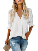 Women's Solid Casual V Neck Puff Sleeve Shirts (Buy 2 Free Shipping)