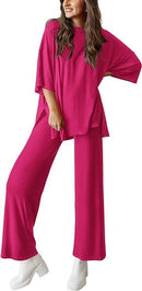 Casual 2-Piece Loose-Fit Short Sleeve Top & Wide-Leg Pants Set with Pockets