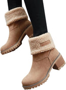 Women's Solid Color Fuzzy Boots, Soft Sole Chunky Heel Fleece Lining Boots, Winter Non-slip Snow Boots