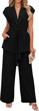 PRETTYGARDEN Women's Summer 2 Piece Outfits 2025 Cap Sleeve V Neck Blazer Vest Wide Leg Pant Sets Office Work Clothes
