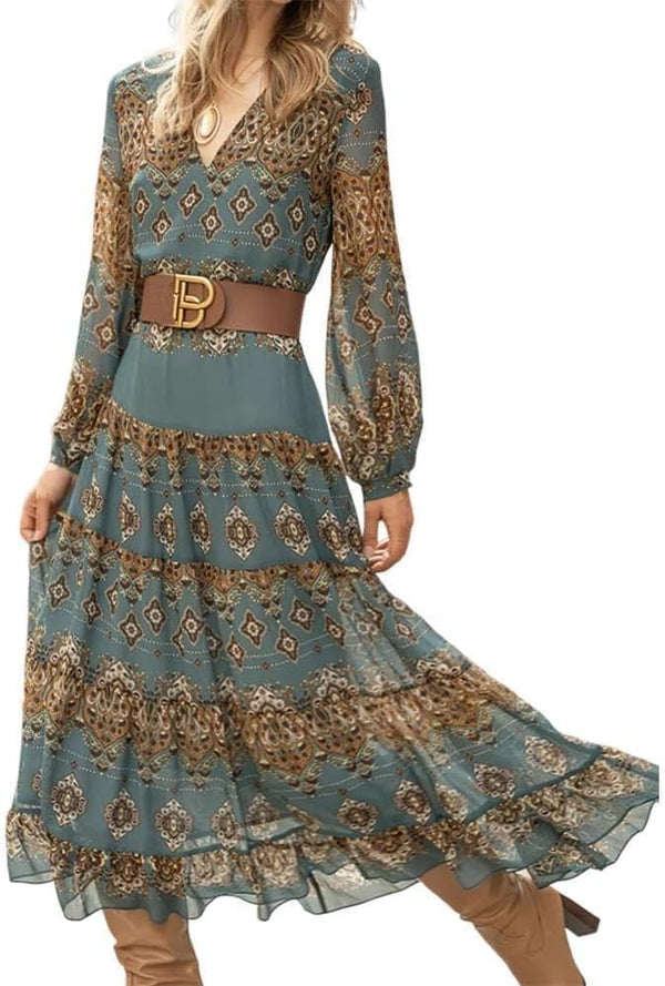 Women's Flowy Ethnic Puff Long Sleeve Midi Dress Casual Boho Floral Swing V-Neck Vacation Ruffle Dress with Belt