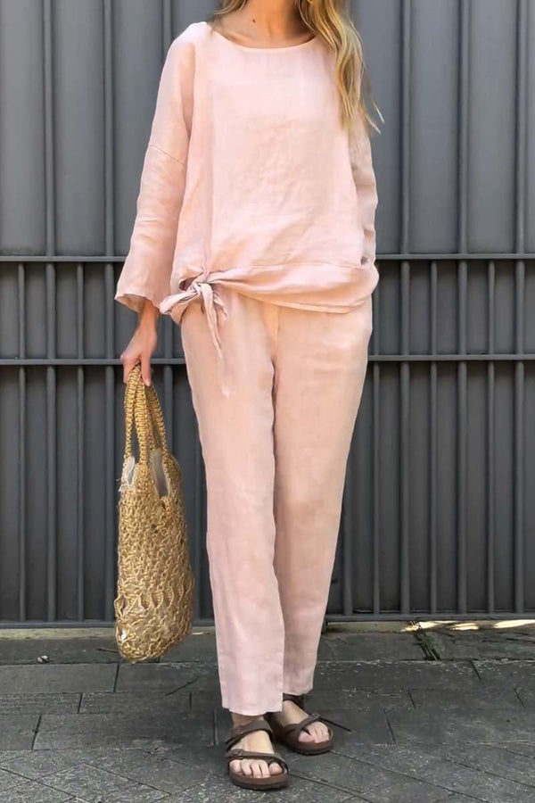 Women's casual solid color cotton and linen two-piece set