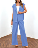PRETTYGARDEN Women's Summer 2 Piece Outfits 2025 Cap Sleeve V Neck Blazer Vest Wide Leg Pant Sets Office Work Clothes