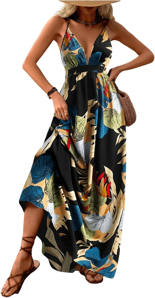MakeMeChic Women's Boho V Neck Sleeveless Maxi Sundress Floral Print Criss Cross Backless Flare Cami Dress