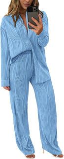 Women's 2 Piece Textured Sets Casual Button Down Shirt Wide Leg Pants Outfit Loungewear Tracksuit