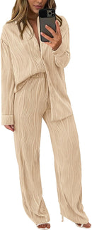 Women's 2 Piece Textured Sets Casual Button Down Shirt Wide Leg Pants Outfit Loungewear Tracksuit