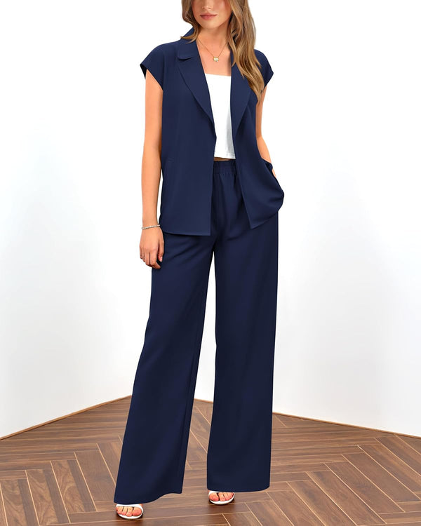 PRETTYGARDEN Women's Summer 2 Piece Outfits 2025 Cap Sleeve V Neck Blazer Vest Wide Leg Pant Sets Office Work Clothes