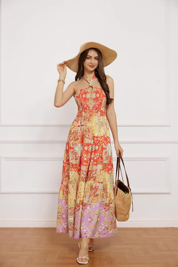 GRACE KARIN Women's Summer Dresses 2025 Halter Neck Sleeveless Smocked Backless Cut Out Floral Flowy A Line Maxi Dress