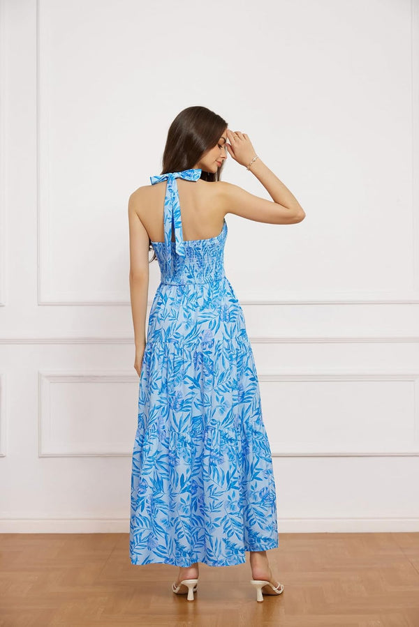 GRACE KARIN Women's Summer Dresses 2025 Halter Neck Sleeveless Smocked Backless Cut Out Floral Flowy A Line Maxi Dress