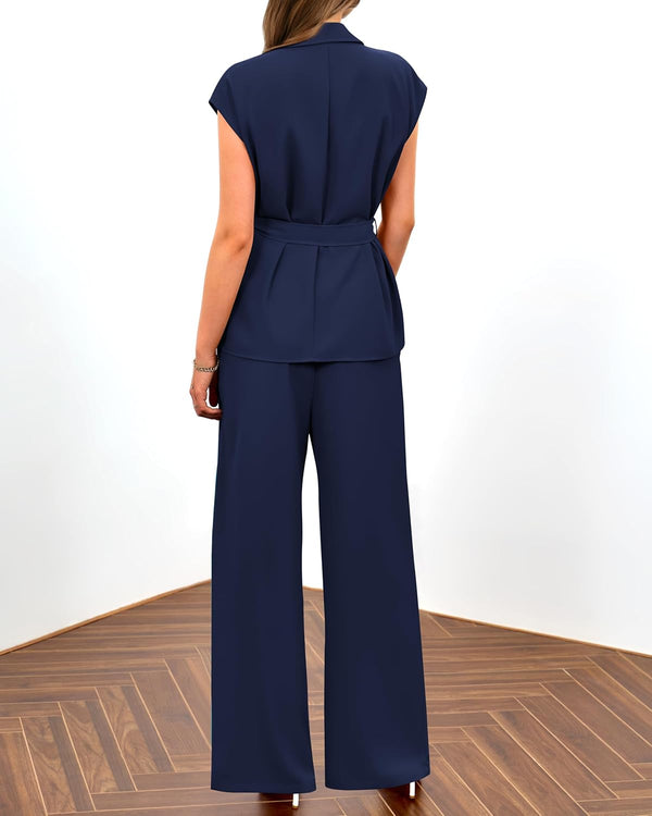 PRETTYGARDEN Women's Summer 2 Piece Outfits 2025 Cap Sleeve V Neck Blazer Vest Wide Leg Pant Sets Office Work Clothes