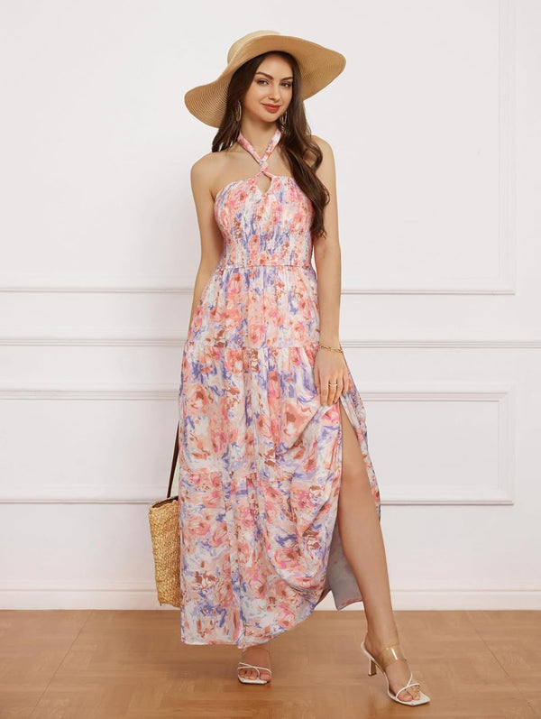 GRACE KARIN Women's Summer Dresses 2025 Halter Neck Sleeveless Smocked Backless Cut Out Floral Flowy A Line Maxi Dress