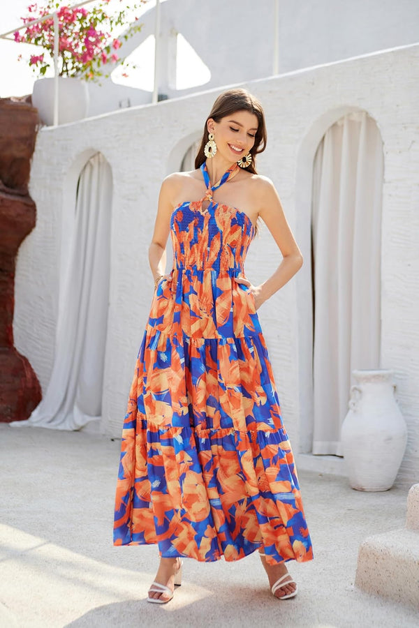 GRACE KARIN Women's Summer Dresses 2025 Halter Neck Sleeveless Smocked Backless Cut Out Floral Flowy A Line Maxi Dress