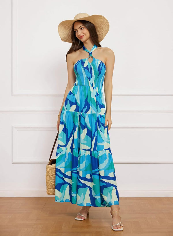 GRACE KARIN Women's Summer Dresses 2025 Halter Neck Sleeveless Smocked Backless Cut Out Floral Flowy A Line Maxi Dress