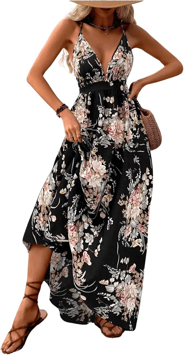 MakeMeChic Women's Boho V Neck Sleeveless Maxi Sundress Floral Print Criss Cross Backless Flare Cami Dress
