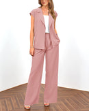 PRETTYGARDEN Women's Summer 2 Piece Outfits 2025 Cap Sleeve V Neck Blazer Vest Wide Leg Pant Sets Office Work Clothes