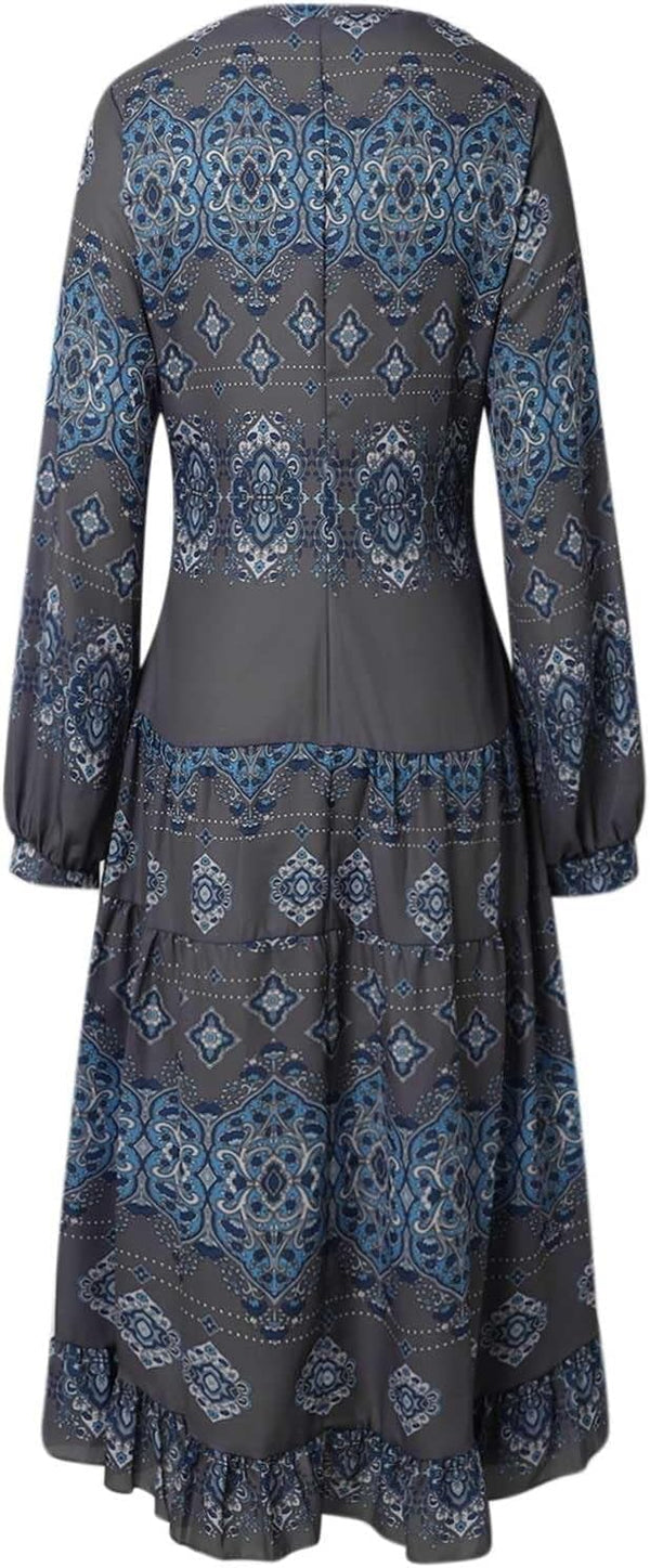 Women's Flowy Ethnic Puff Long Sleeve Midi Dress Casual Boho Floral Swing V-Neck Vacation Ruffle Dress with Belt