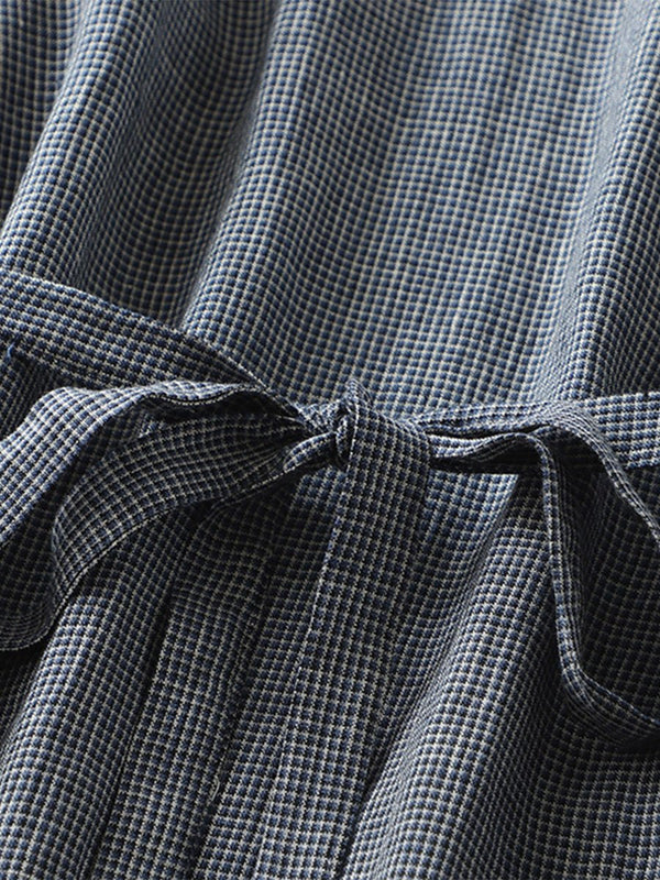 Women's Literary Retro V-neck Plaid Tie Mid-sleeve Dress