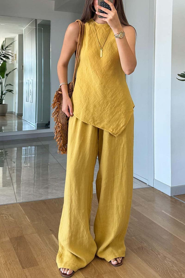 Women's casual irregular hem sleeveless cotton and linen two-piece set