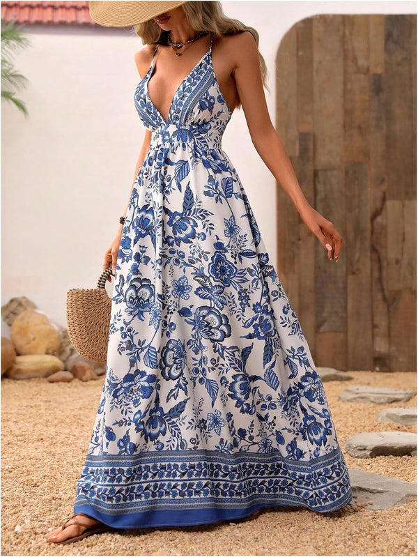 MakeMeChic Women's Boho V Neck Sleeveless Maxi Sundress Floral Print Criss Cross Backless Flare Cami Dress