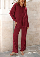 Women's 2 Piece Textured Sets Casual Button Down Shirt Wide Leg Pants Outfit Loungewear Tracksuit