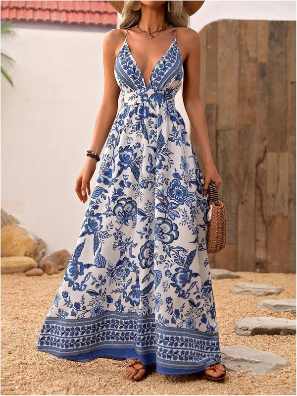MakeMeChic Women's Boho V Neck Sleeveless Maxi Sundress Floral Print Criss Cross Backless Flare Cami Dress