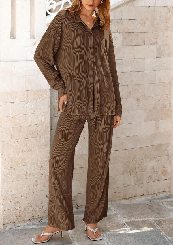 Women's 2 Piece Textured Sets Casual Button Down Shirt Wide Leg Pants Outfit Loungewear Tracksuit