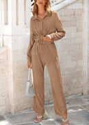 Women's 2 Piece Textured Sets Casual Button Down Shirt Wide Leg Pants Outfit Loungewear Tracksuit