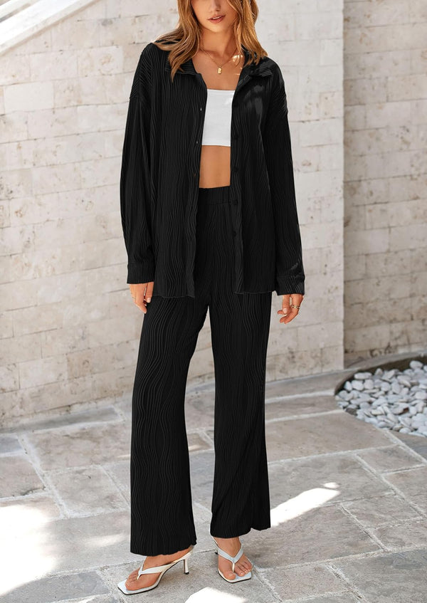 Women's 2 Piece Textured Sets Casual Button Down Shirt Wide Leg Pants Outfit Loungewear Tracksuit