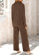 Women's 2 Piece Textured Sets Casual Button Down Shirt Wide Leg Pants Outfit Loungewear Tracksuit