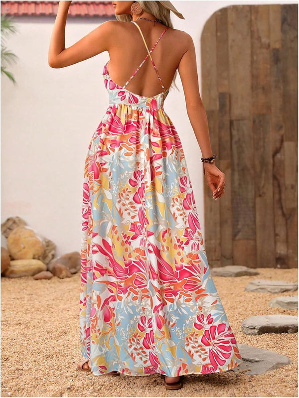 MakeMeChic Women's Boho V Neck Sleeveless Maxi Sundress Floral Print Criss Cross Backless Flare Cami Dress