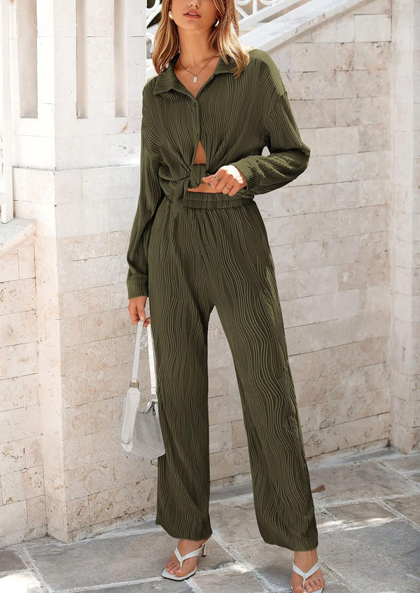 Women's 2 Piece Textured Sets Casual Button Down Shirt Wide Leg Pants Outfit Loungewear Tracksuit