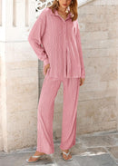 Women's 2 Piece Textured Sets Casual Button Down Shirt Wide Leg Pants Outfit Loungewear Tracksuit