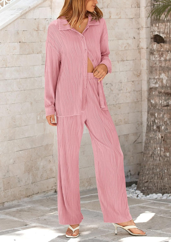 Women's 2 Piece Textured Sets Casual Button Down Shirt Wide Leg Pants Outfit Loungewear Tracksuit