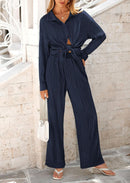 Women's 2 Piece Textured Sets Casual Button Down Shirt Wide Leg Pants Outfit Loungewear Tracksuit