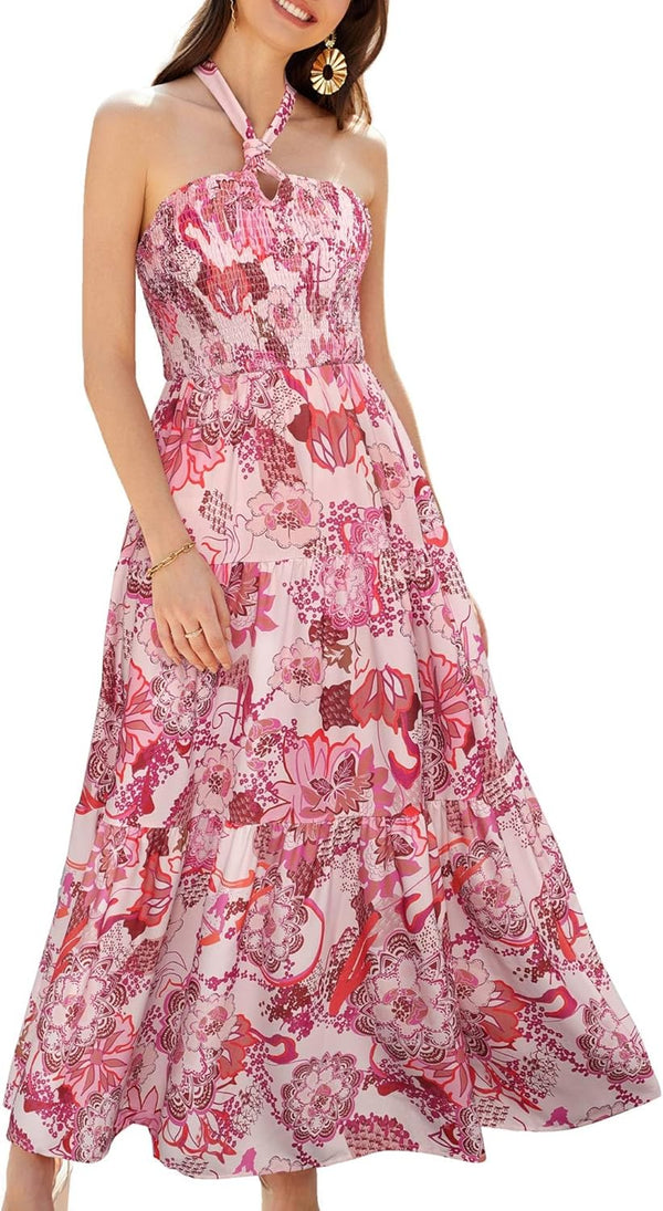 GRACE KARIN Women's Summer Dresses 2025 Halter Neck Sleeveless Smocked Backless Cut Out Floral Flowy A Line Maxi Dress