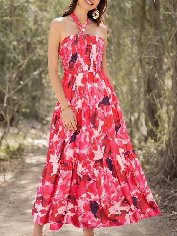 GRACE KARIN Women's Summer Dresses 2025 Halter Neck Sleeveless Smocked Backless Cut Out Floral Flowy A Line Maxi Dress