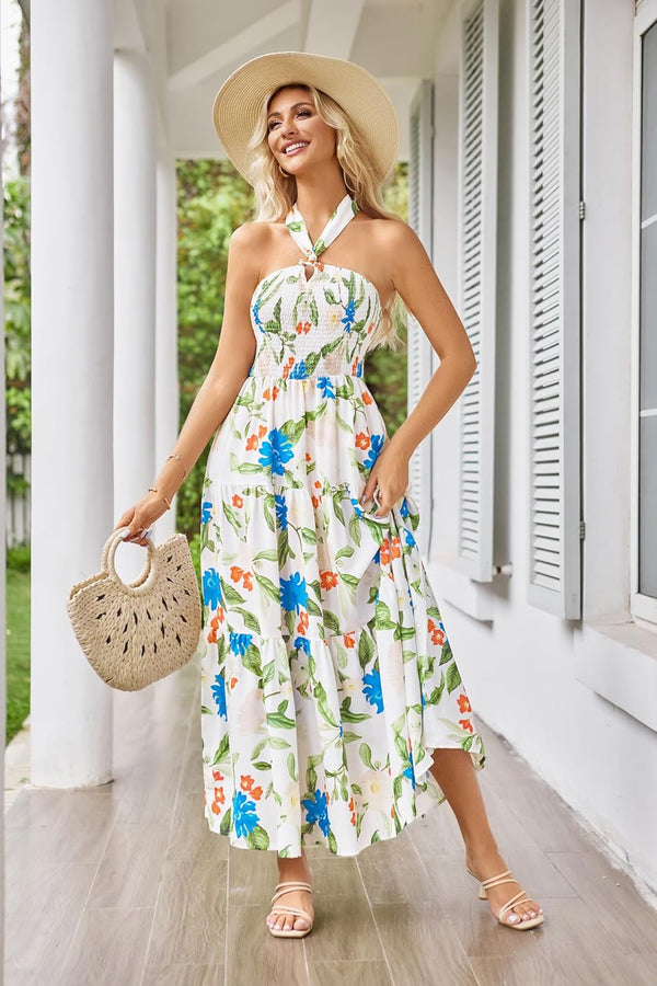 GRACE KARIN Women's Summer Dresses 2025 Halter Neck Sleeveless Smocked Backless Cut Out Floral Flowy A Line Maxi Dress