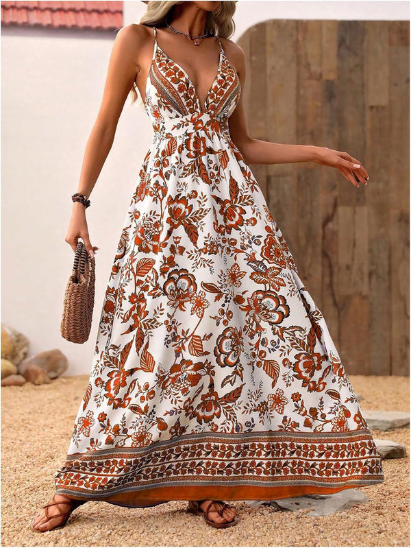 MakeMeChic Women's Boho V Neck Sleeveless Maxi Sundress Floral Print Criss Cross Backless Flare Cami Dress