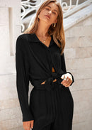 Women's 2 Piece Textured Sets Casual Button Down Shirt Wide Leg Pants Outfit Loungewear Tracksuit